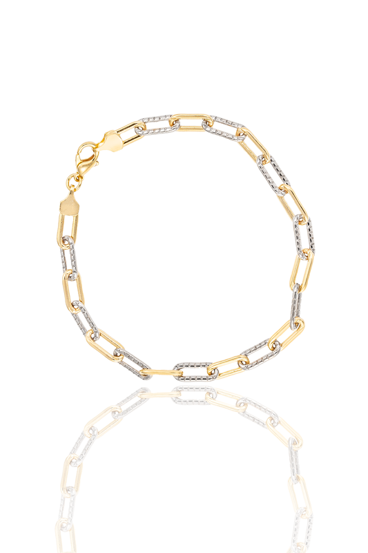 Two-tone textured paperclip bracelet from MIA Jewelry featuring sleek silver and gold-tone links.