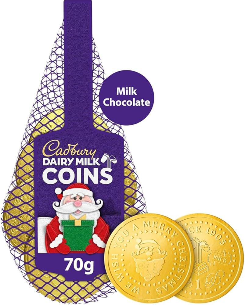 Dairy Milk Coins in a 70g net pack, featuring creamy milk chocolate coins from Dairy Milk, displayed on a white background.