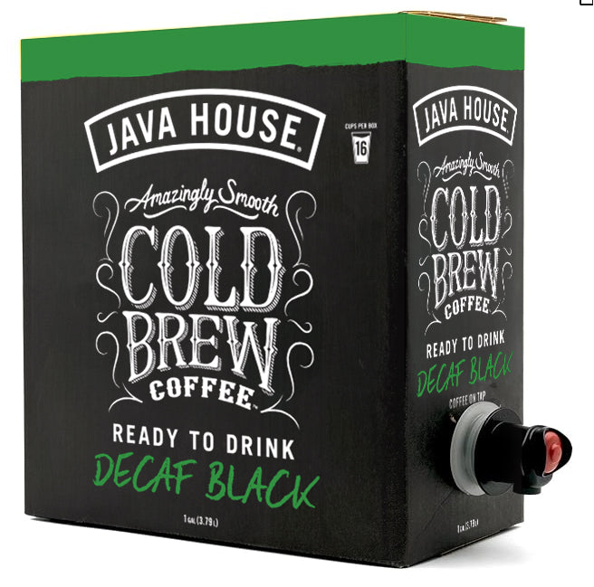 Decaf cold brew coffee on tap from Java House with spout and front view in a bar setting.