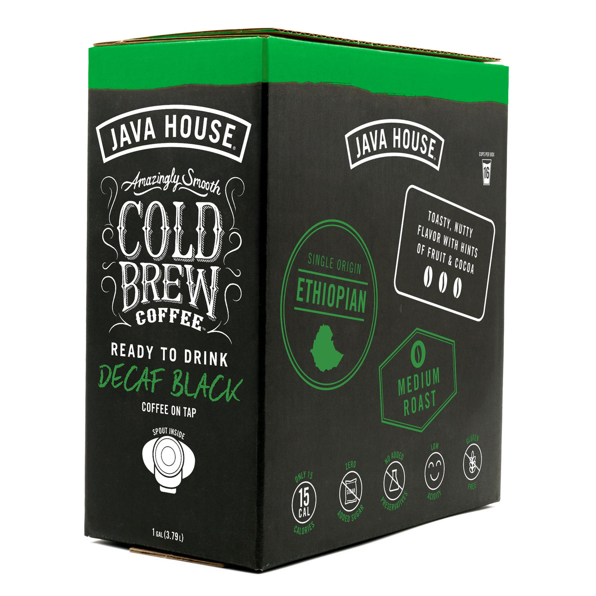 Decaf cold brew coffee on tap from Java House, shown in a glass dispenser with a spout and a dark, rich appearance.