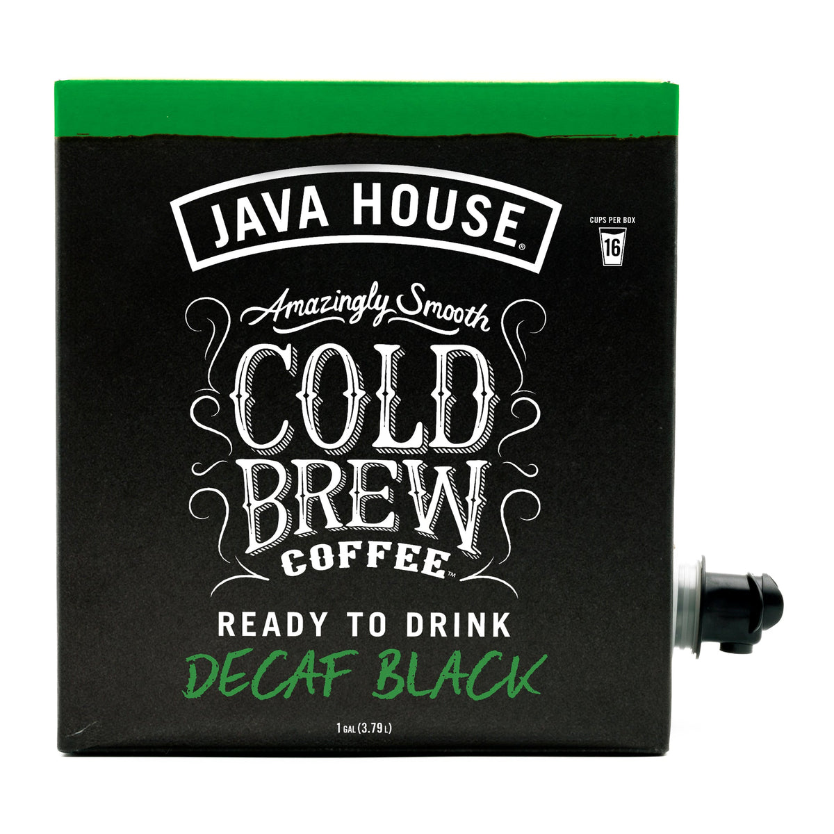 Decaf cold brew coffee on tap by Java House, shown in a glass with spout and tap handle on the left side.