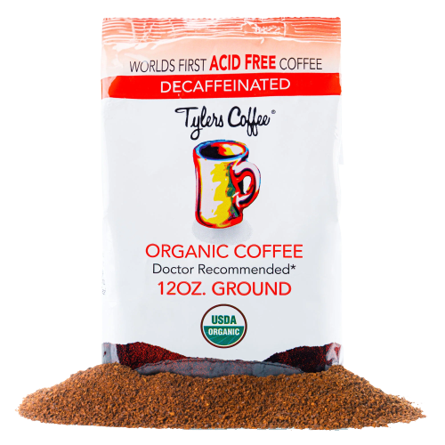 Decaf acid-free ground coffee in a 12oz bag from Tylers Coffees with a clear label and packaging.