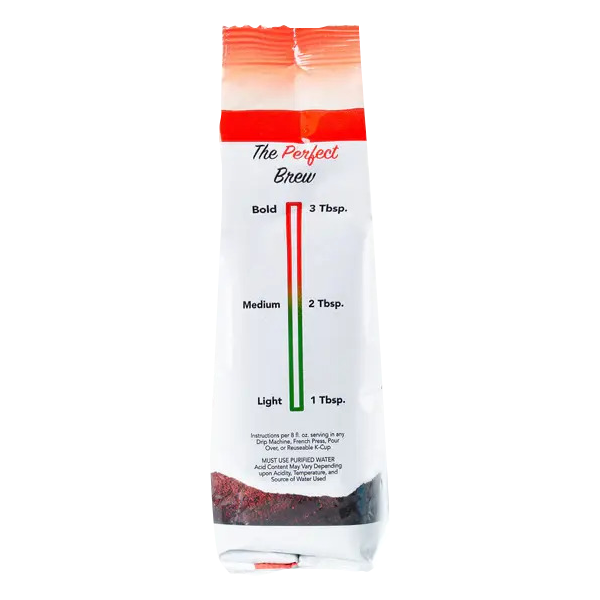 Decaf acid-free ground coffee in a 12oz bag from Tylers Coffees, showing the packaging with coffee grounds inside.