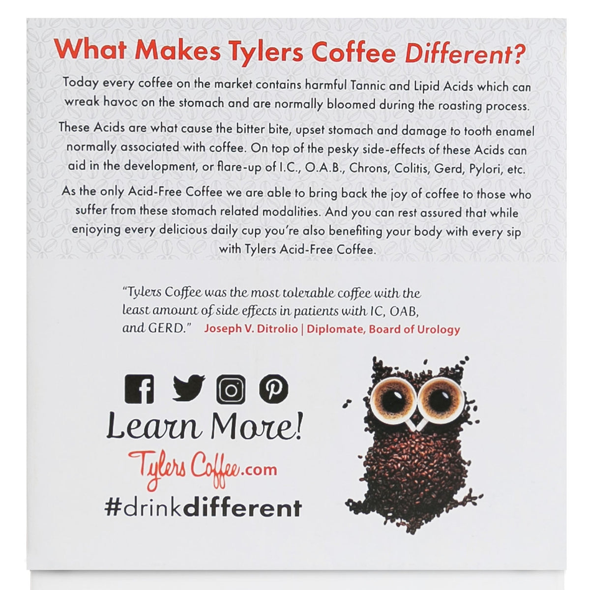Decaf Tylers Coffees single serve coffee cups, 16-count box, showing individual coffee pod with branding and packaging.