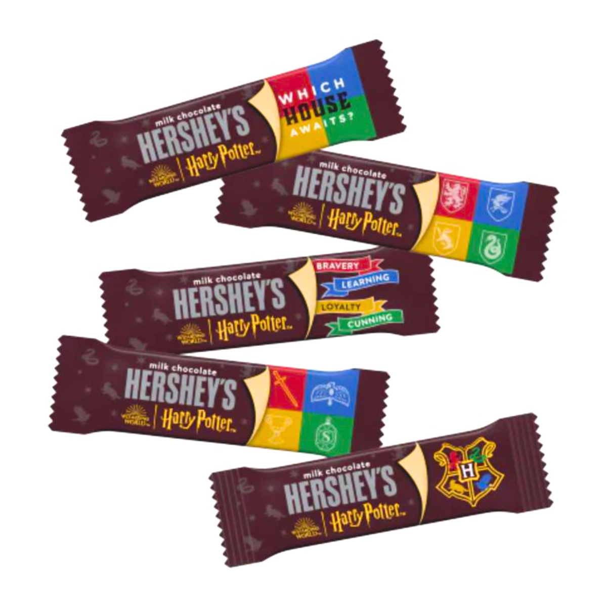 Hershey's Milk Chocolate Harry Potter snack size bars from Candy In Bulk, shown in a bulk value bag, with colorful Harry Potter themed packaging.