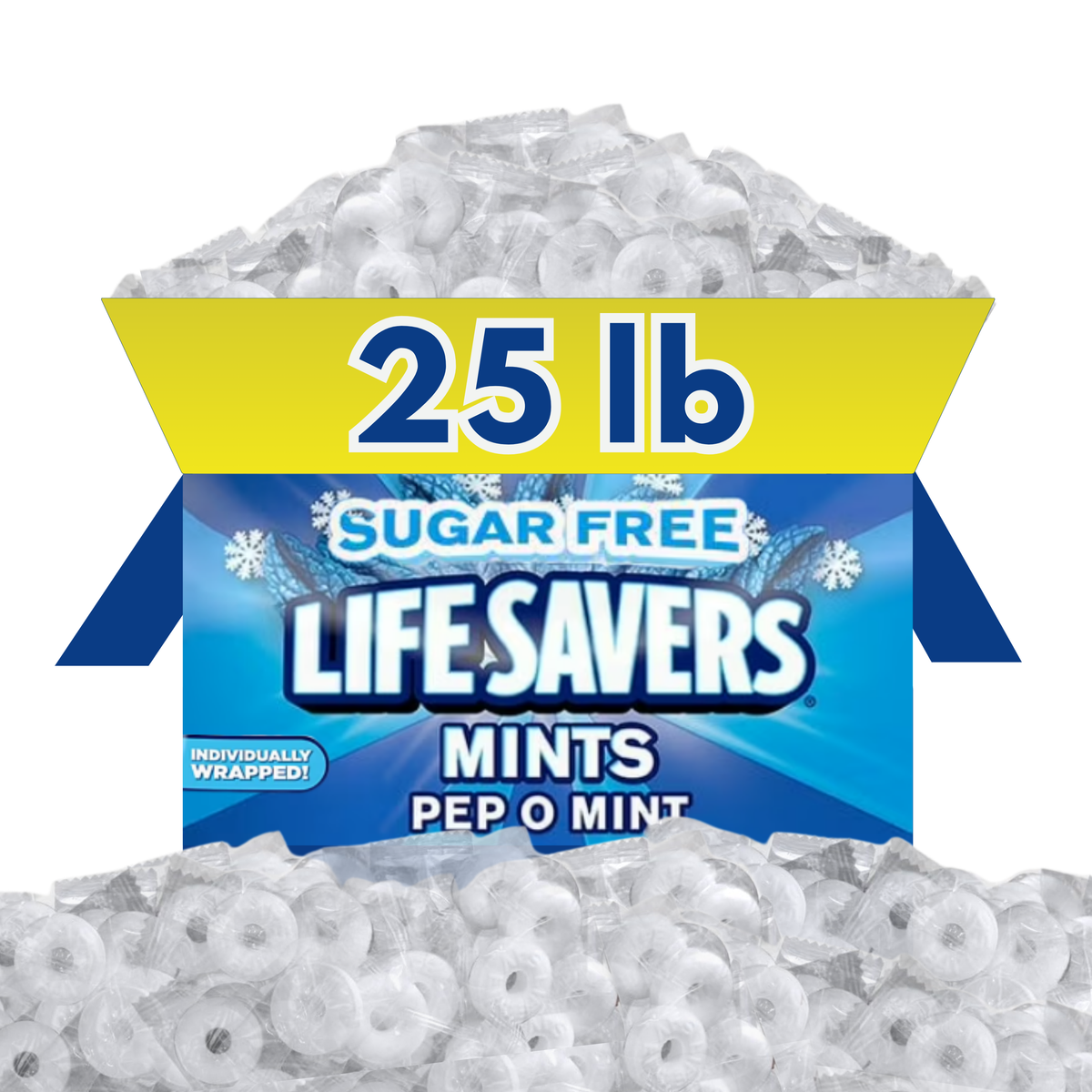 Life Savers Sugar Free Pep-O-Mint mints in a bulk Candy In Bulk package, showing the colorful round candies in a clear container.
