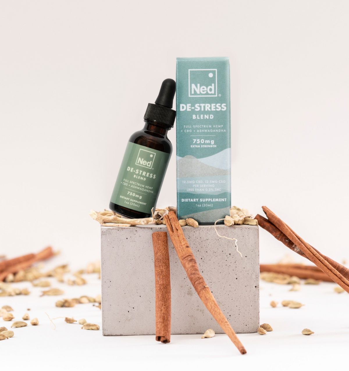 Foria De-Stress Blend oil tincture bottle with dropper, designed to promote relaxation and reduce stress.