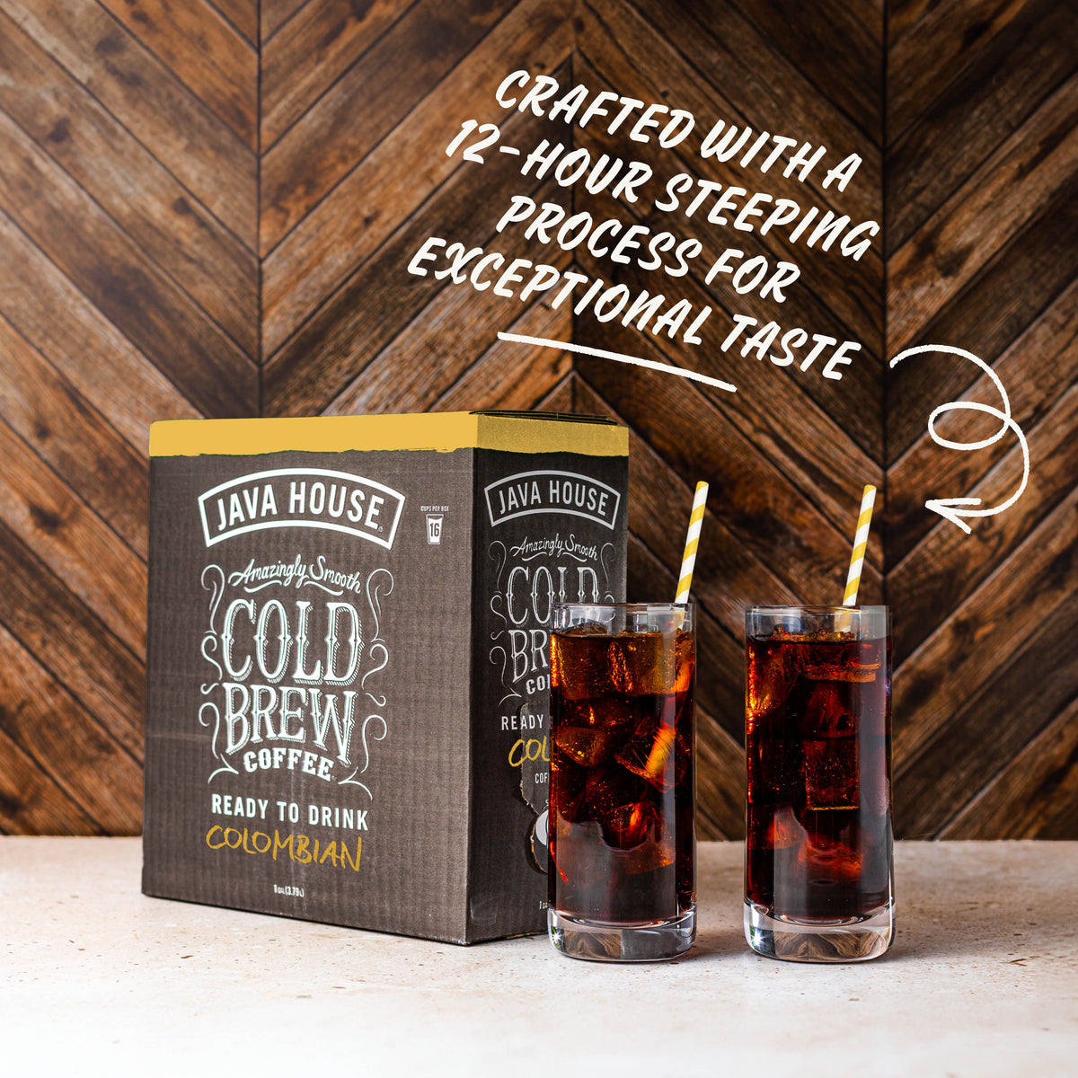 Cold brew on tap from Java House featuring a sleek tap system and a glass of rich Colombian cold brew coffee.