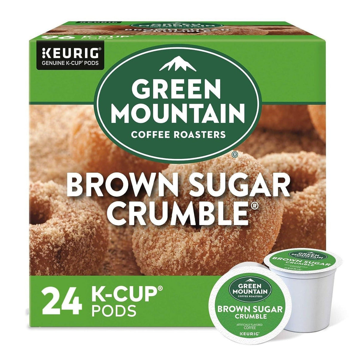 KupofK Coffee Green Mountain Brown Sugar Crumble K-cups for coffee brewing, shown in a close-up image.