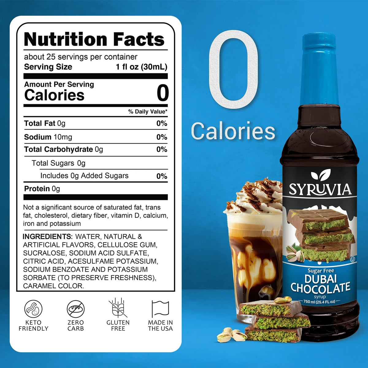 Sugar-free Dubai Chocolate Syrup by Syruvia, rich dark chocolate syrup in a bottle with a glossy finish and label.