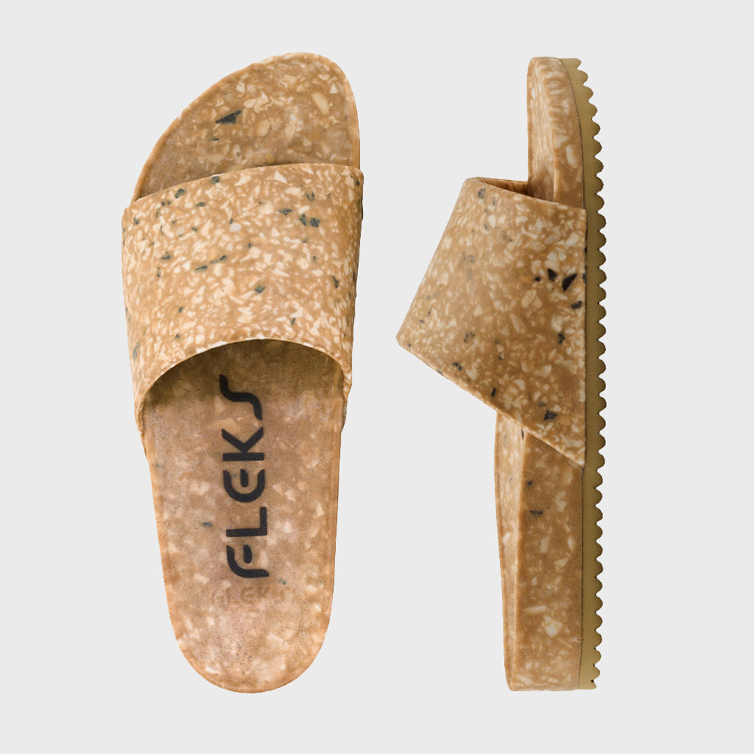 Top-down view of Fleks East Beach Slide in Morning Coffee color, showcasing its casual sandal design and strap details.