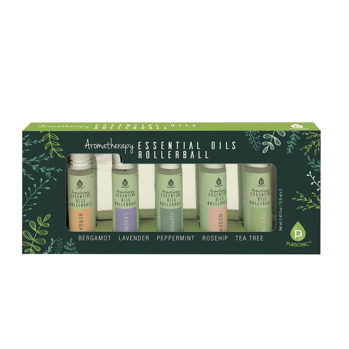 Set of Pursonic aromatherapy essential oils rollerballs including bergamot, lavender, peppermint, rosehip, and tea tree in packaging.