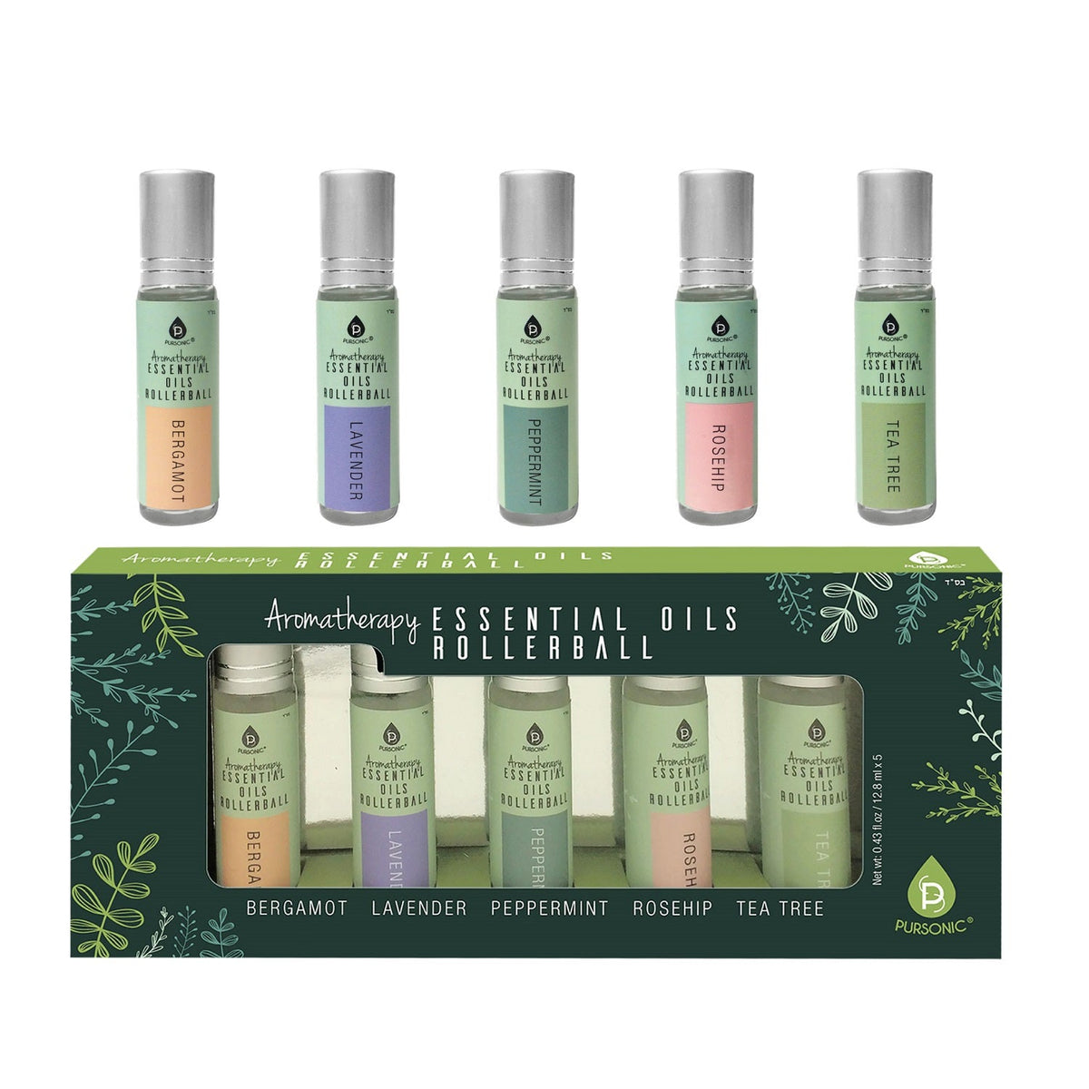 Set of Pursonic aromatherapy essential oil rollerballs including bergamot, lavender, peppermint, rosehip, and tea tree.