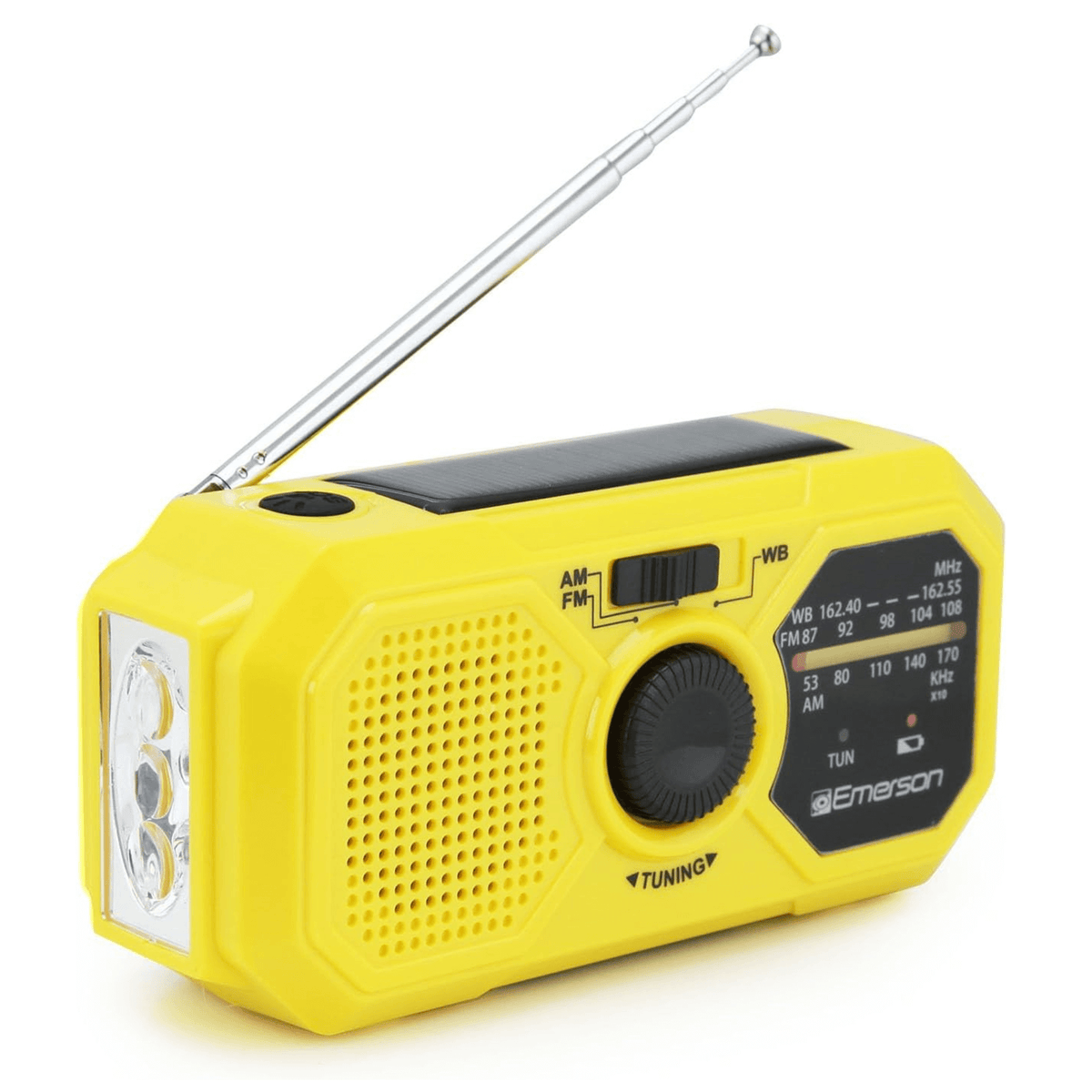 Emerson emergency AM/FM radio with weather band, built-in flashlight, and power bank, featuring digital display and control buttons.