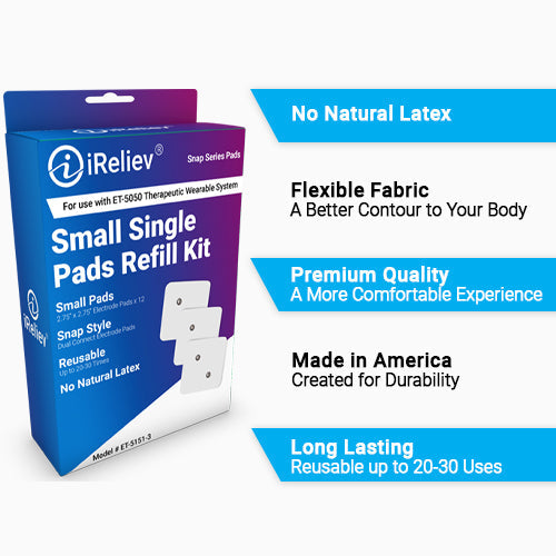 iReliev Wireless Small Pads Refill Kit with off-white pads for TENS and EMS pain relief device.