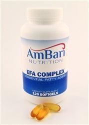 AmBari Nutrition essential fatty acids supplement bottle with capsules, highlighting omega-3 and omega-6 sources.