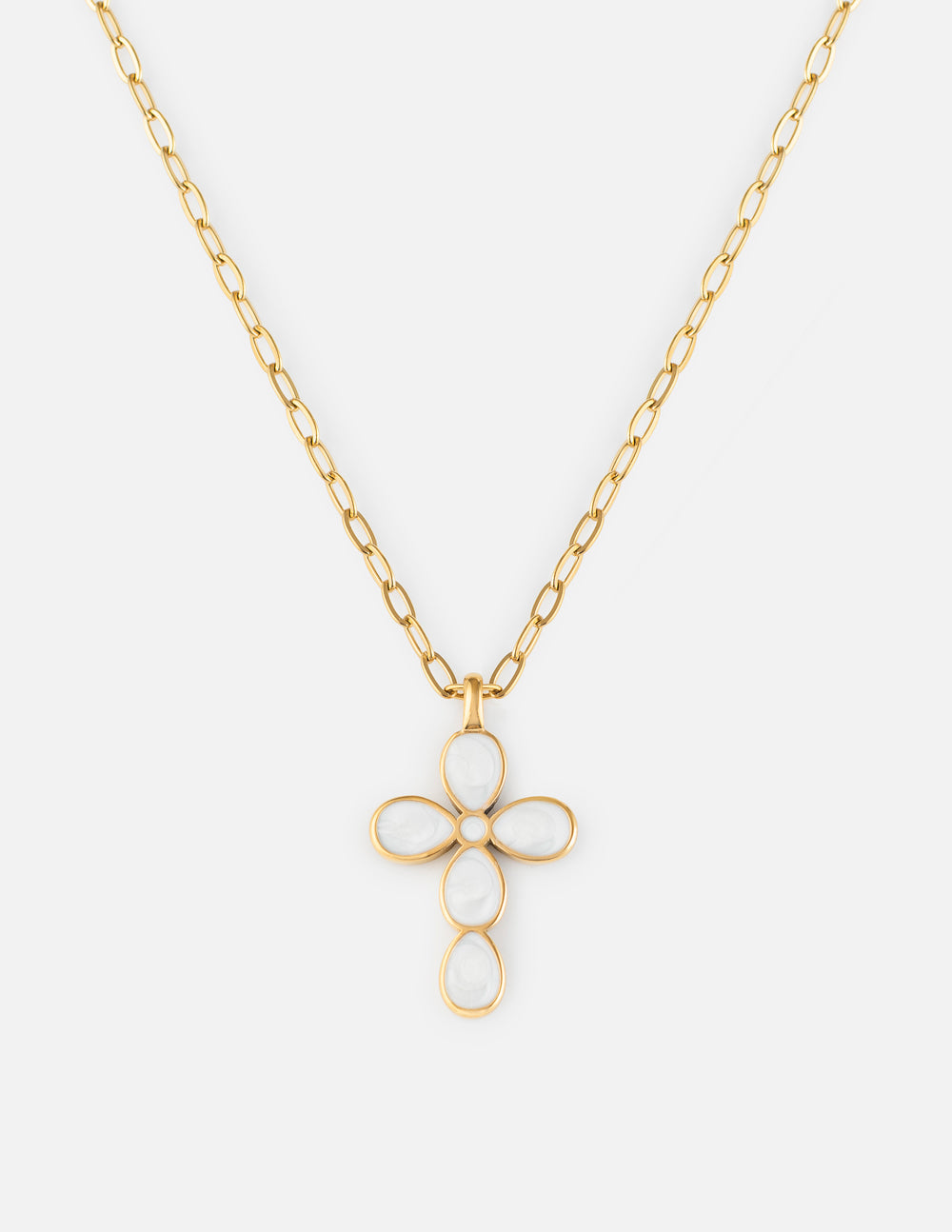 Elevated Faith Eternal Light Cross paperclip chain necklace with a delicate cross pendant on a sleek silver chain.