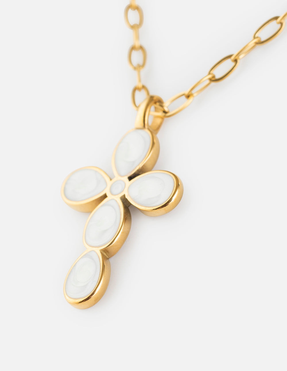 Elevated Faith Eternal Light Cross paperclip chain necklace featuring a sleek metal design and a prominent cross pendant.