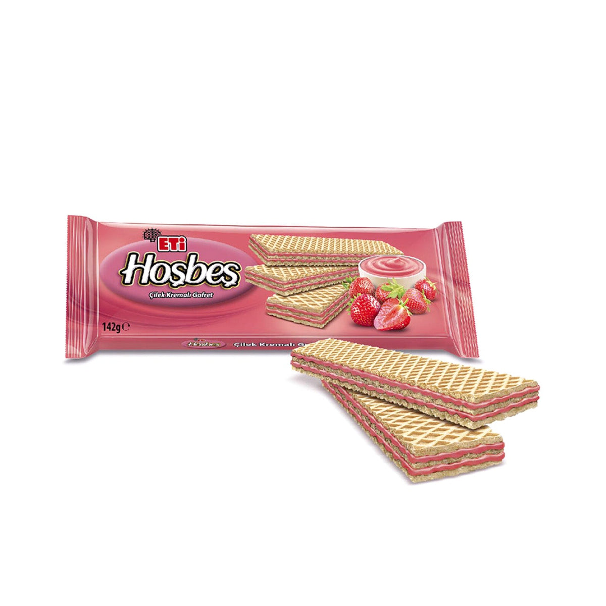 Eti Hosbes Strawberry snack by S101, showing a 142g package with vibrant strawberry-flavored snack pieces.