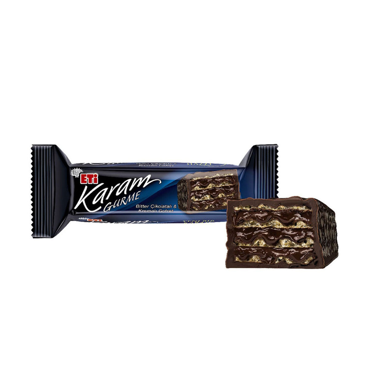 Eti Karam Wafer Cacao snack by S101 showing a crispy chocolate-filled wafer bar with cocoa coating.
