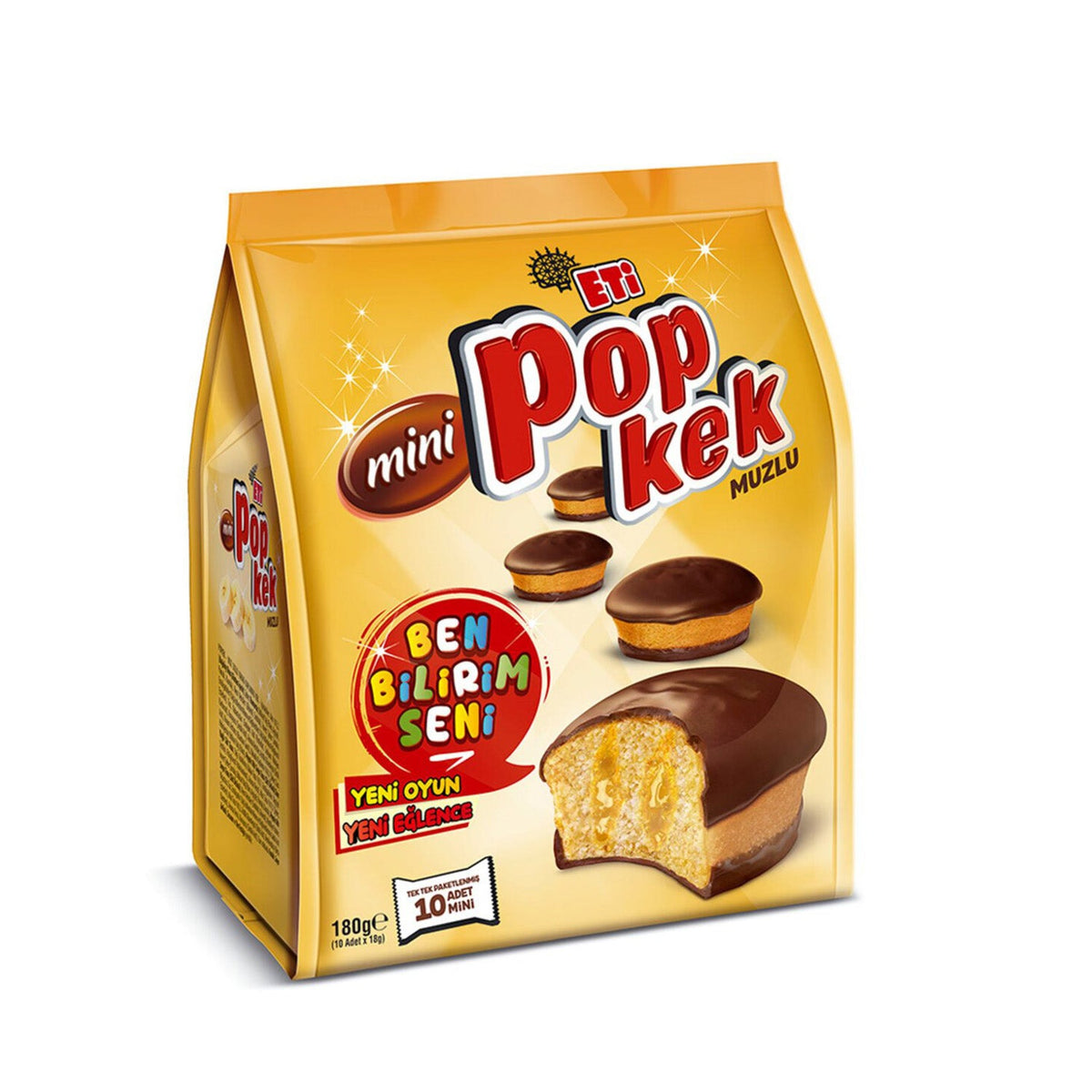 Eti Popkek Banana snack by S101, showing a banana-flavored sponge cake in its packaging, ready to enjoy.