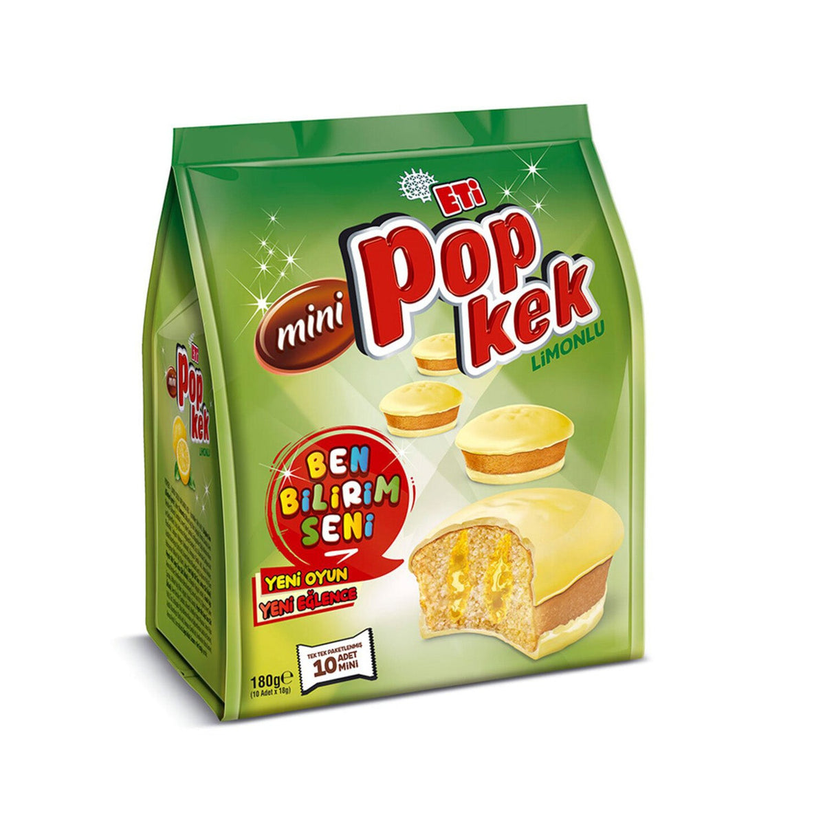 Eti Popkek Mini Lemon snack by S101, showing lemon-flavored mini cake snacks in a clear package.