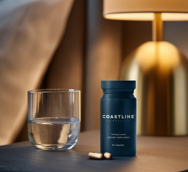 Coastline Longevity Recovery+ Evening Capsules in a clear bottle, showing the PM capsules designed for nighttime wellness.
