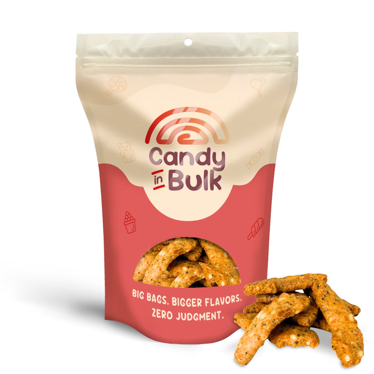 Bulk 1lb bag of Candy In Bulk Sesame Sticks seasoned with everything spices, crunchy snack in a clear plastic bag.