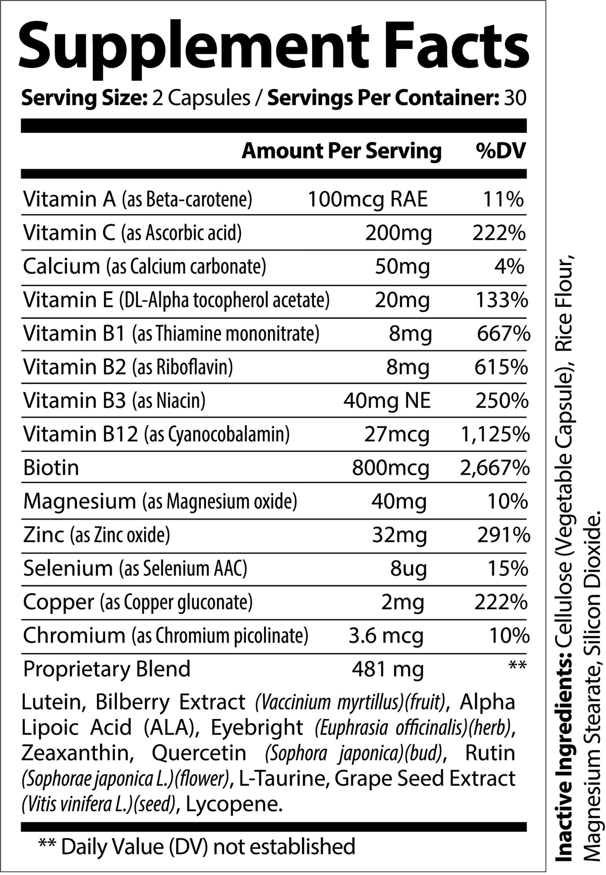Nutra Moment eye health supplement facts label showing ingredients and nutritional information for eye health support.