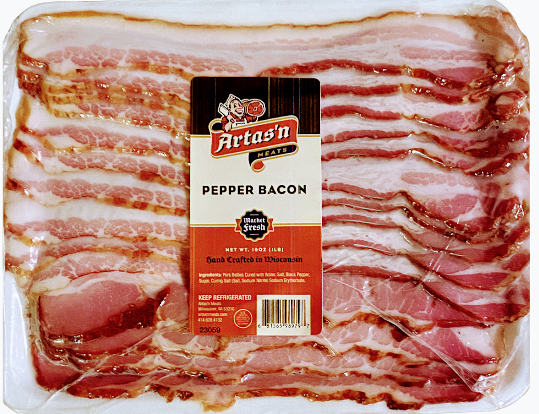 Slices of pepper-infused bacon from Artas'n Meats, showcasing their flavorful, seasoned bacon slab for breakfast or cooking.