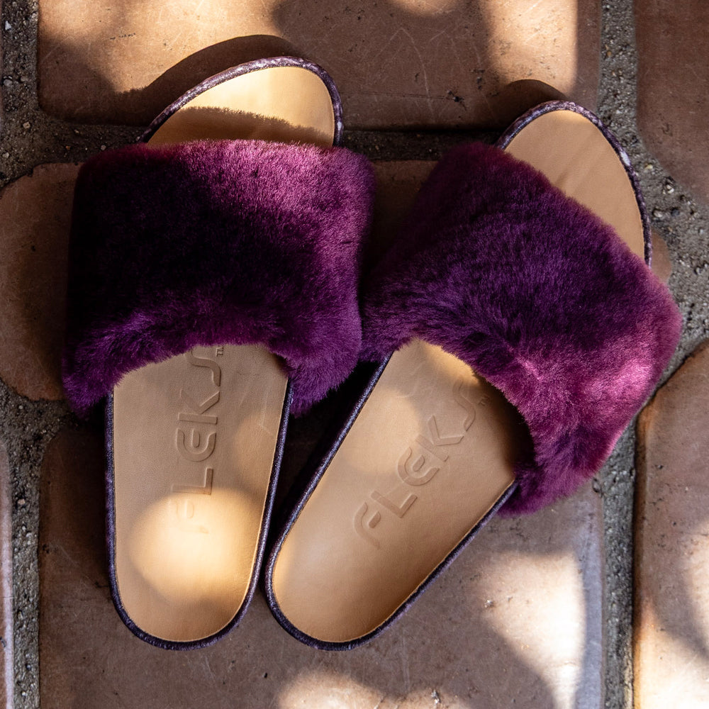 Fleks San Ysidro Slide in Fig color, casual footwear with open toe and slip-on design, worn on a lifestyle model.