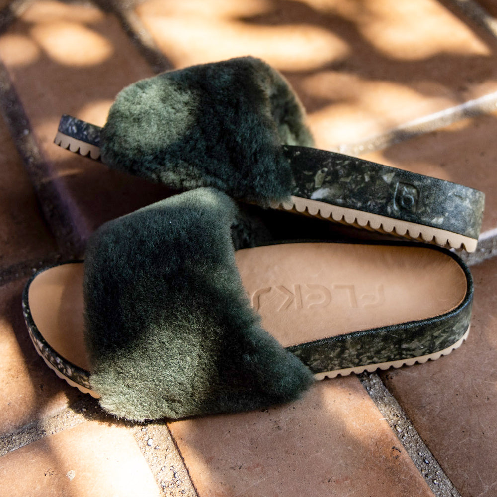 Fleks San Ysidro Slide in Forest color with textured straps and cushioned sole, designed for comfortable summer wear.