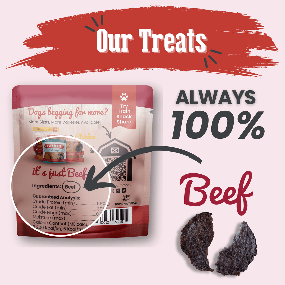 Farm To Pet beef chips snack pack for dogs, ideal for training and travel, featuring crunchy, natural dog treats.