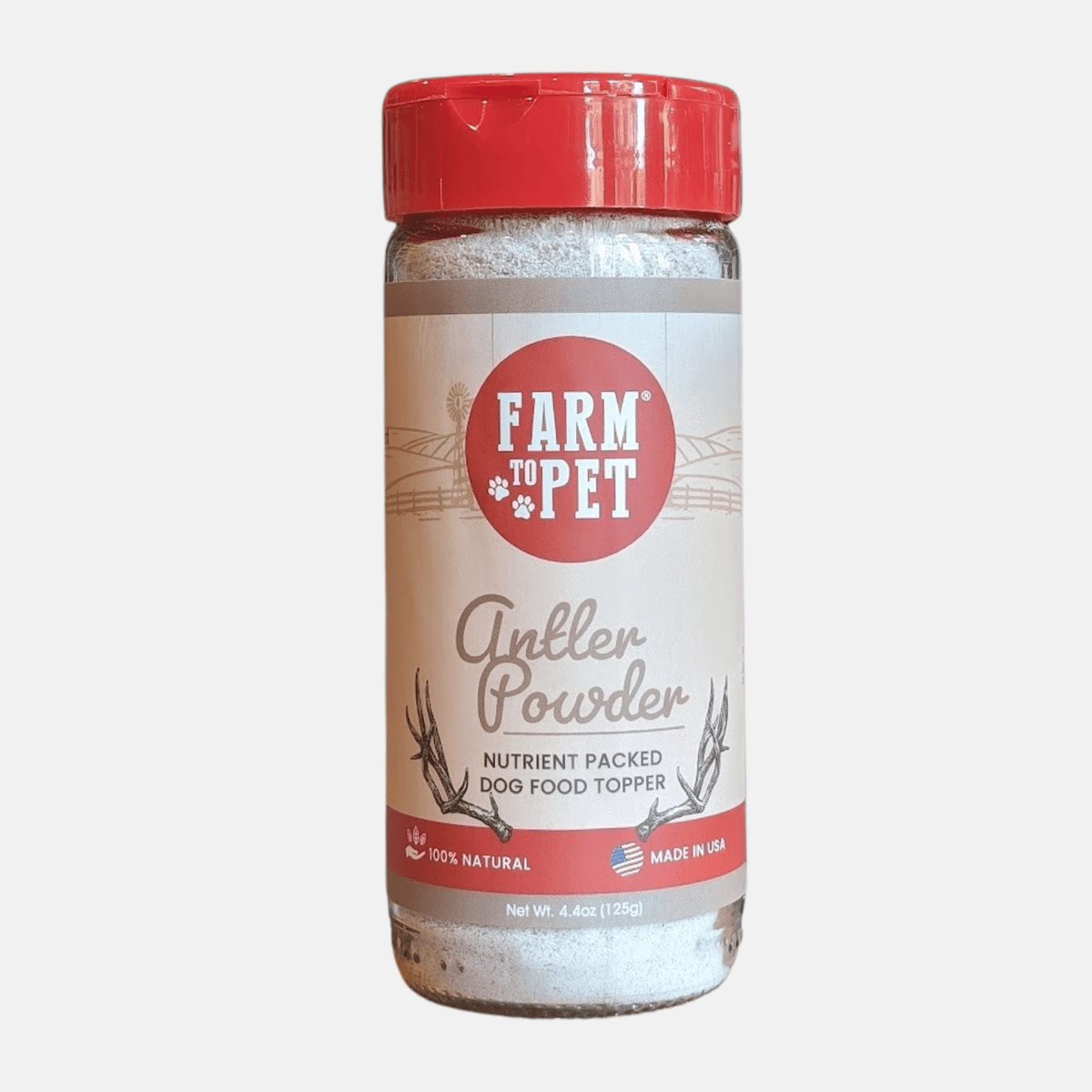 Farm To Pet antler powder dog food topper featuring elk antler for enhancing dog and cat nutrition and healthy treats.