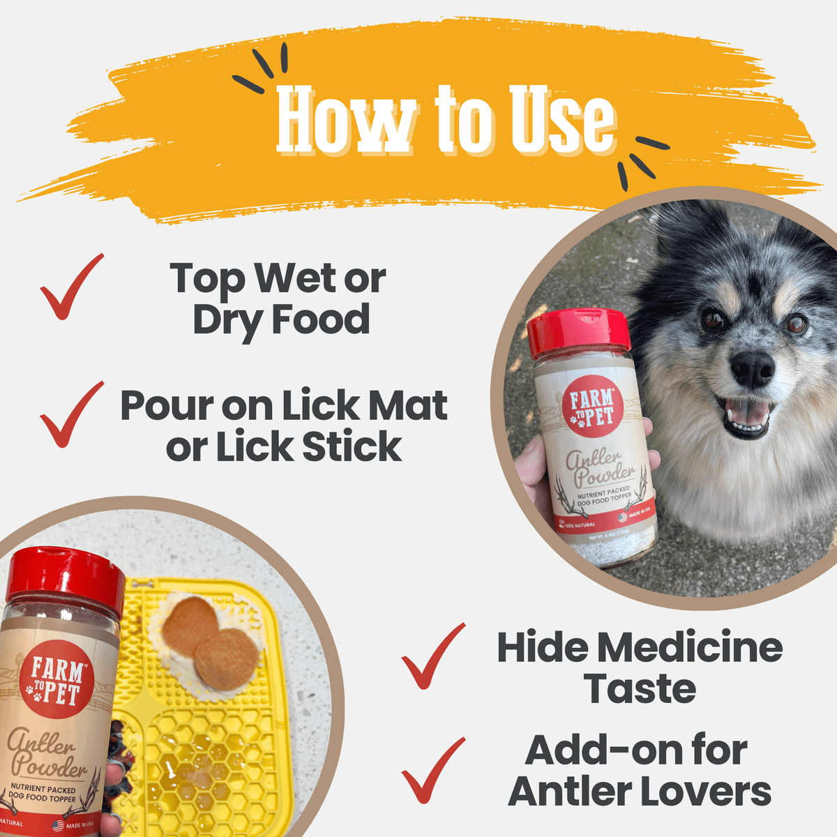 Farm to Pet antler powder dog and cat food topper, nutrient-rich supplement in a jar with a scoop for easy serving.