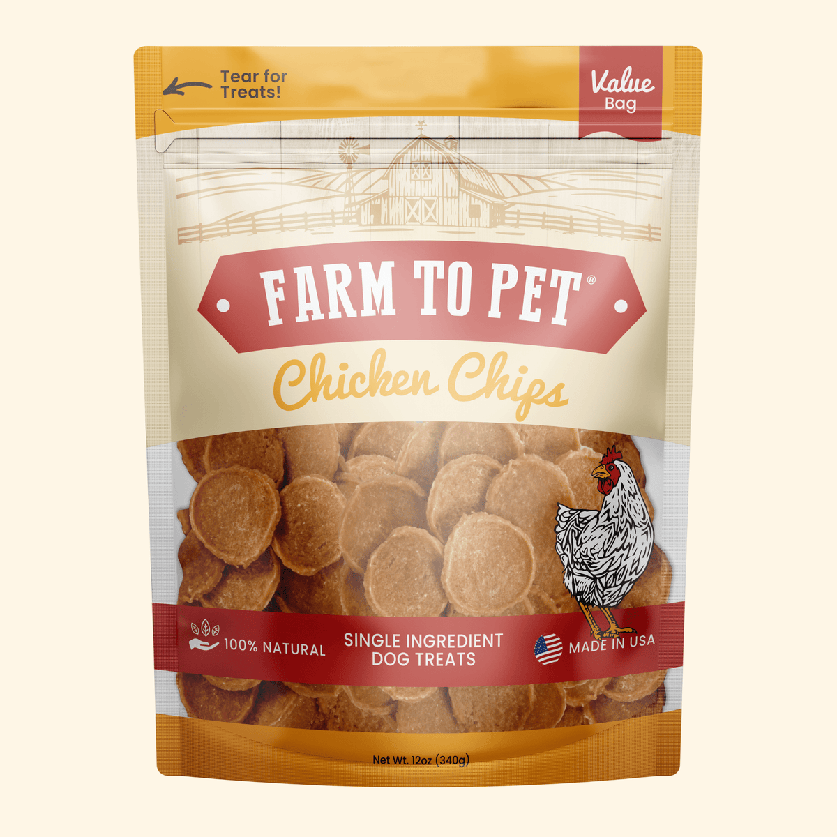 Farm To Pet chicken chips for dogs, all-natural single-ingredient dog treats in a 12oz bag, showing crispy dog treats on the front.