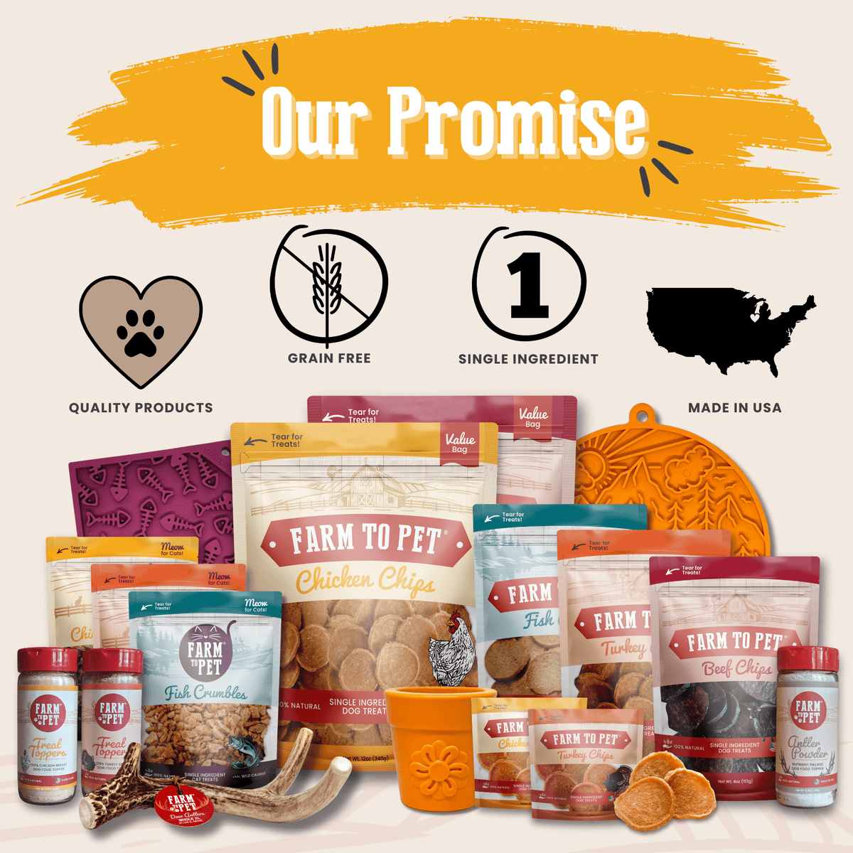 Farm To Pet Treat Topper with antler powder for dogs and cats, showing the nutritious supplement in a clear container with dog and cat treats.