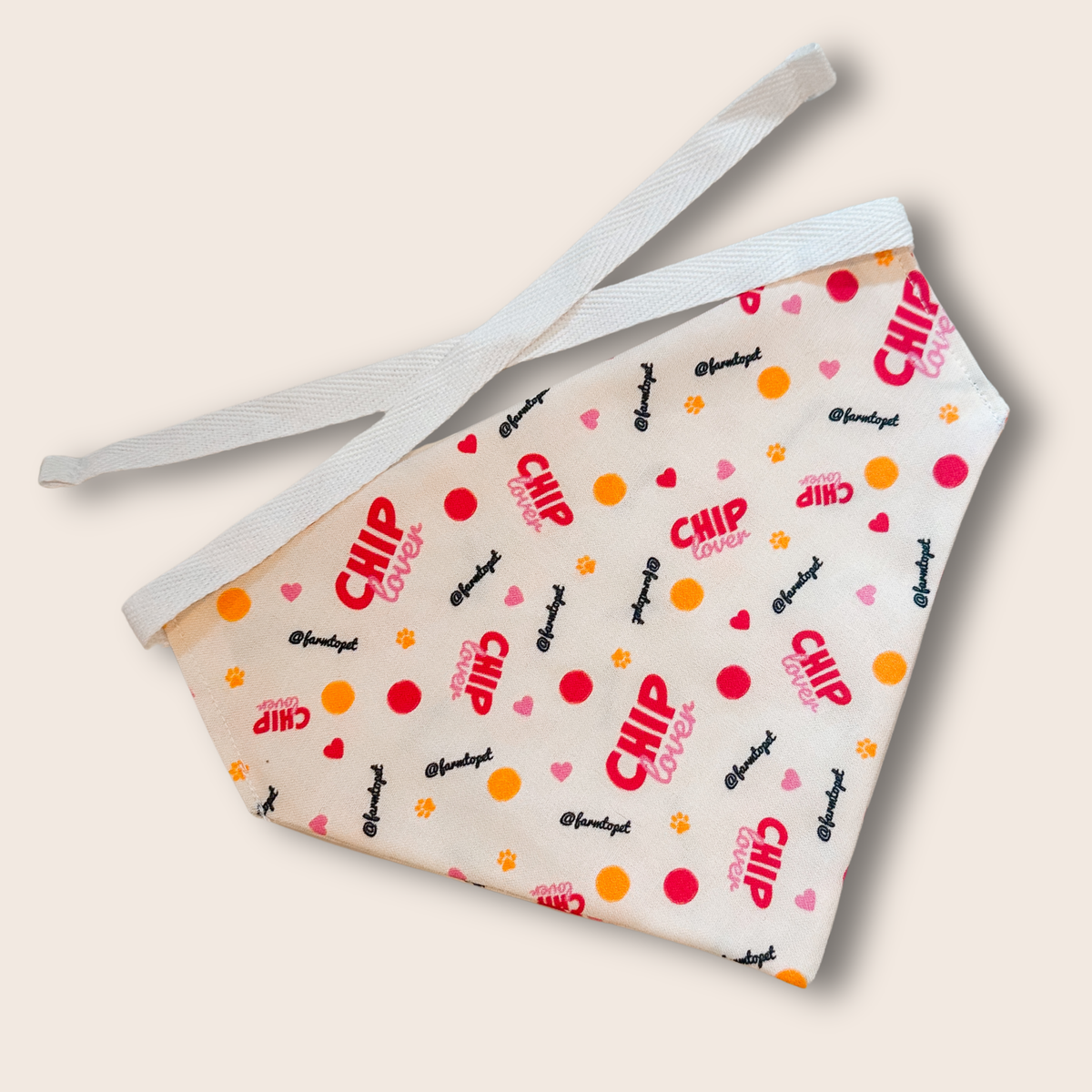 Farm To Pet tie-on dog bandana with adjustable string, featuring a chip lover design, suitable for dogs and cats.