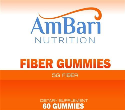 AmBari Nutrition fiber gummies supplement for weight loss, showing a close-up of colorful gummy vitamins on a white background.