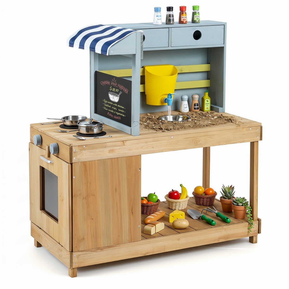 Kids wooden mud kitchen playset with canopy, faucet, and shelves, featuring natural fir wood and colorful accessories.