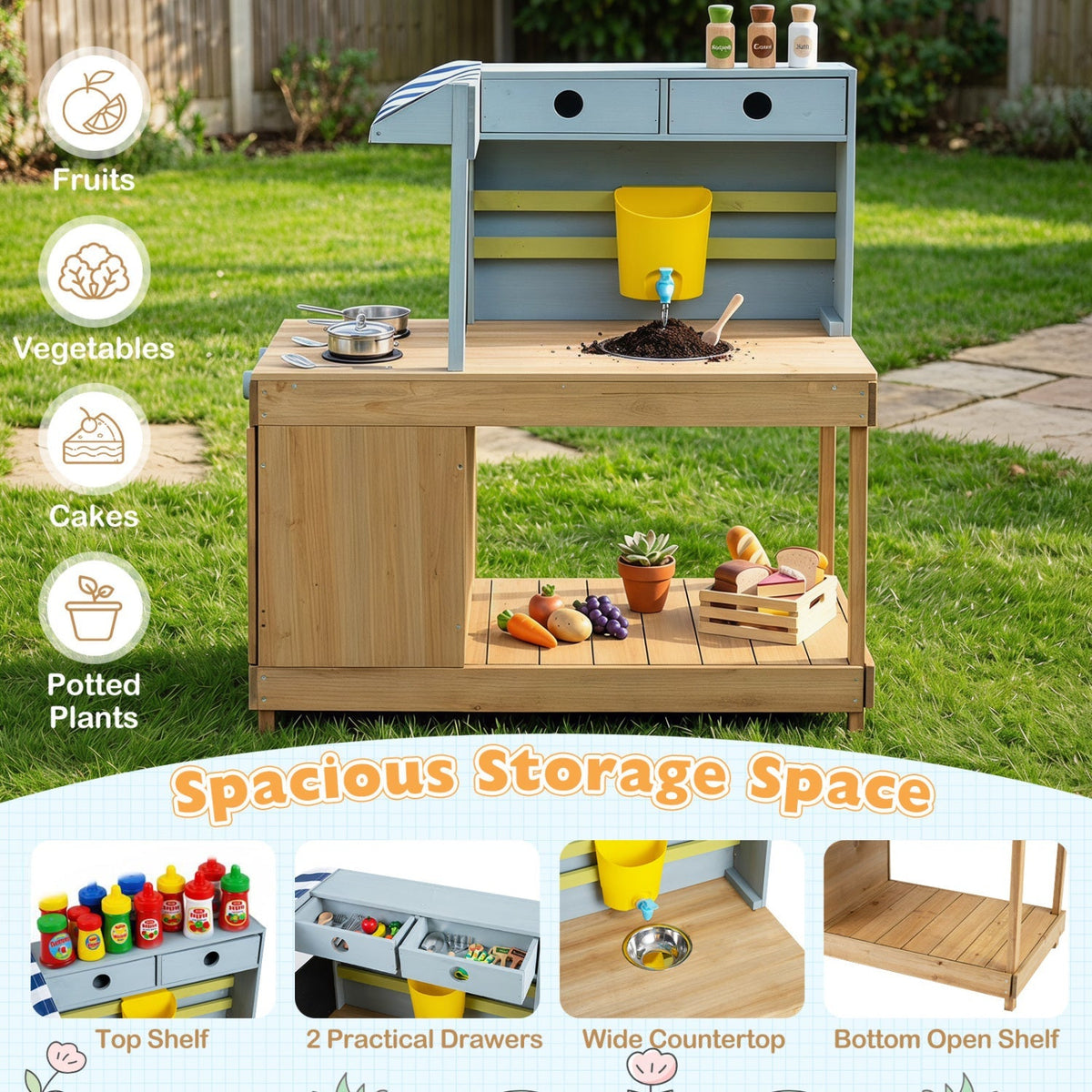 Kids wooden mud kitchen playset with canopy and faucet, featuring natural fir wood and realistic play kitchen details.