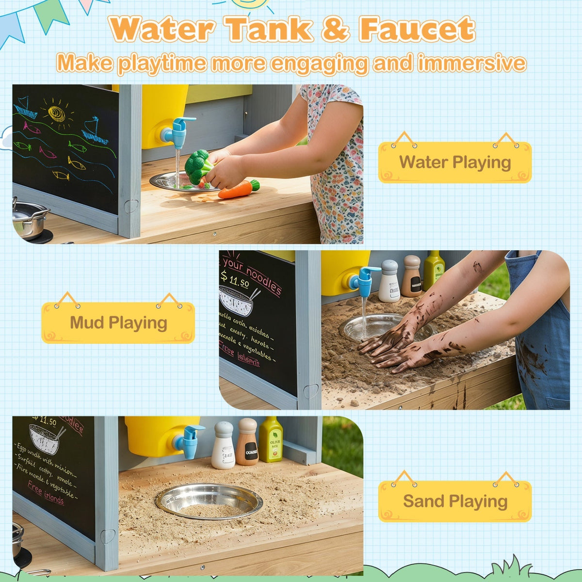 Kids wooden mud kitchen playset with canopy and faucet, featuring natural fir wood, for imaginative outdoor play.