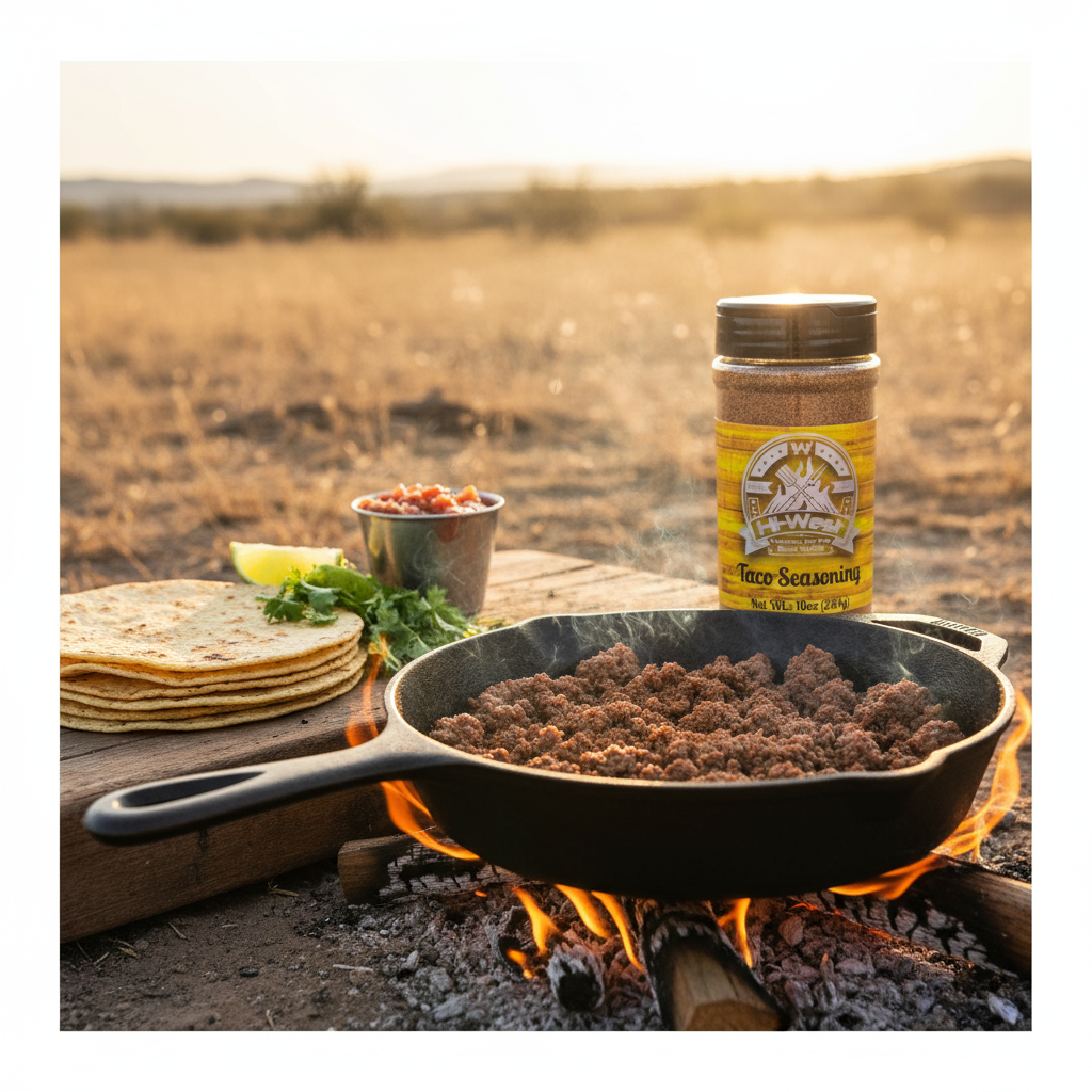 Hi-West Taco Seasoning package shown in a sizzling cast iron skillet, perfect for flavorful tacos and Mexican dishes.