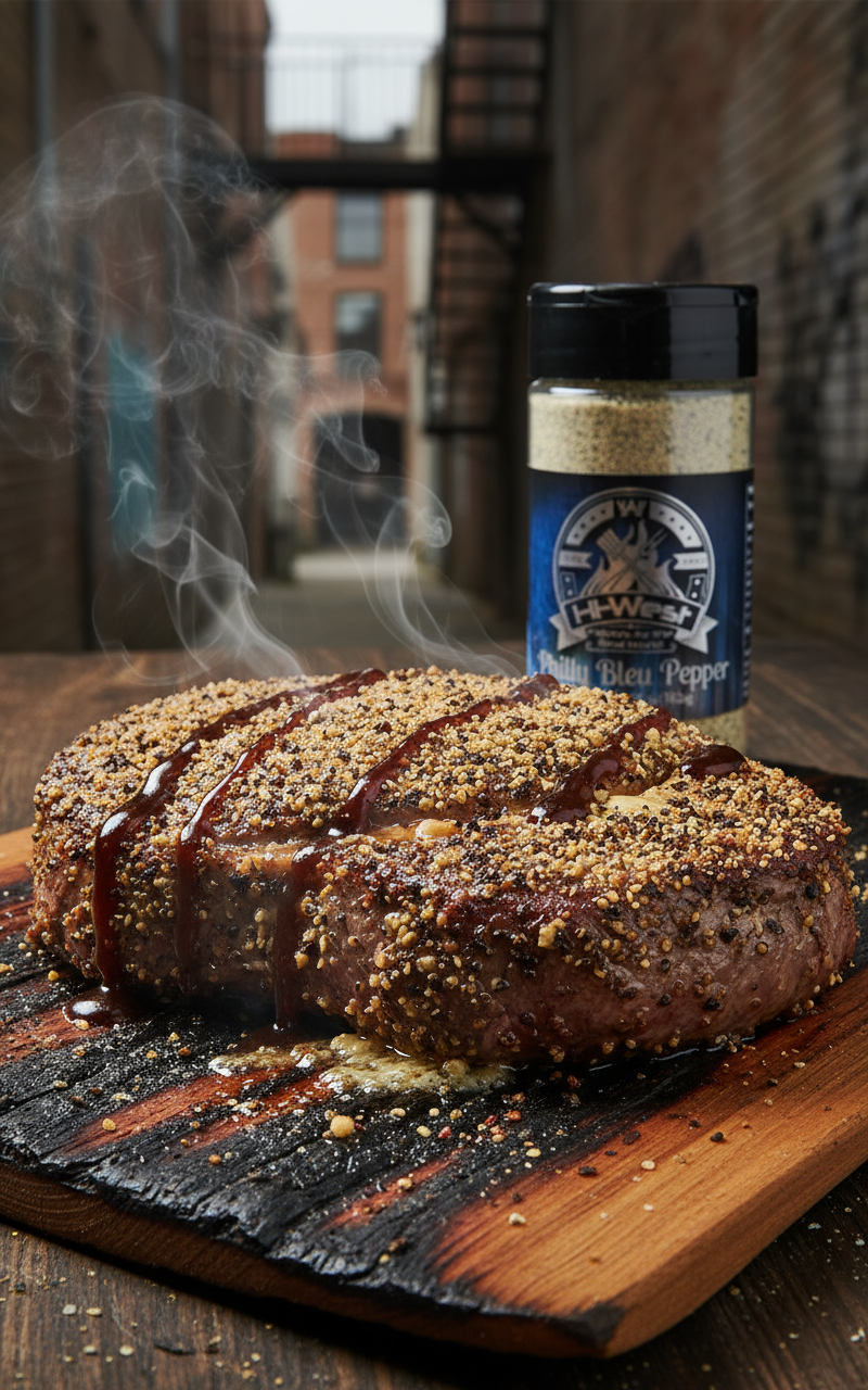 Hi-West Philly Bleu Pepper seasoning jar from Hi-West Foods Inc. with vibrant blue pepper flakes on the label.