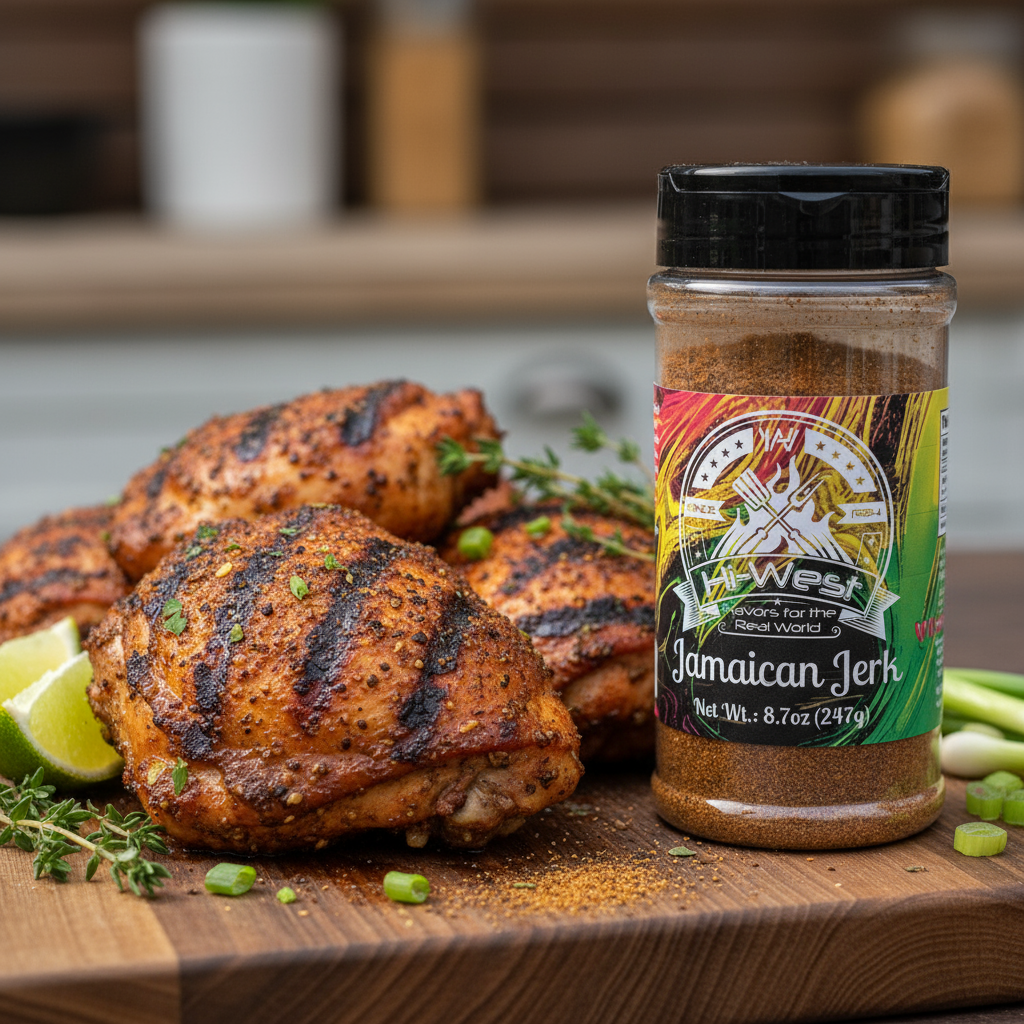 Hi-West Jamaican Jerk Seasoning spice jar with label, showcasing spicy Jamaican jerk seasoning from Hi-West Foods, Inc.