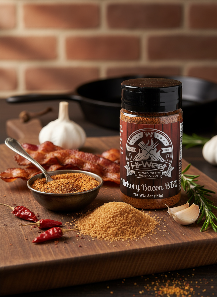 Hi-West Hickory Bacon BBQ Seasoning jar, a savory spice blend from Hi-West Foods for grilling and barbecuing.