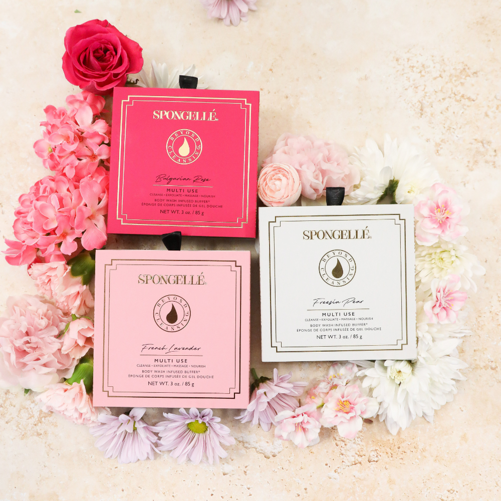 Spongellé floral boxed body wash infused buffer set with colorful flower design and multiple sponges for skincare.