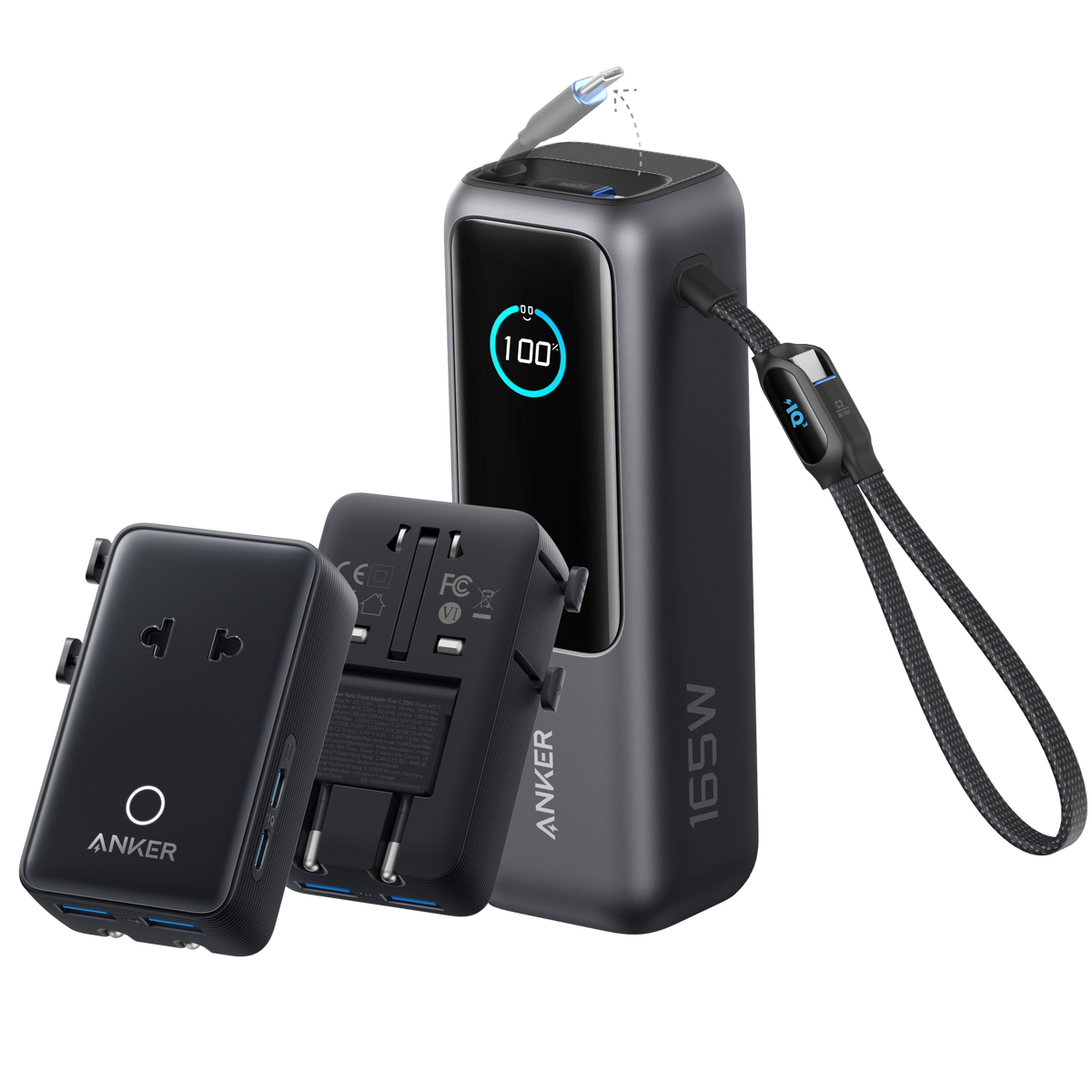 Anker 25K 165W laptop power bank with built-in and retractable cables for portable charging and high power delivery.