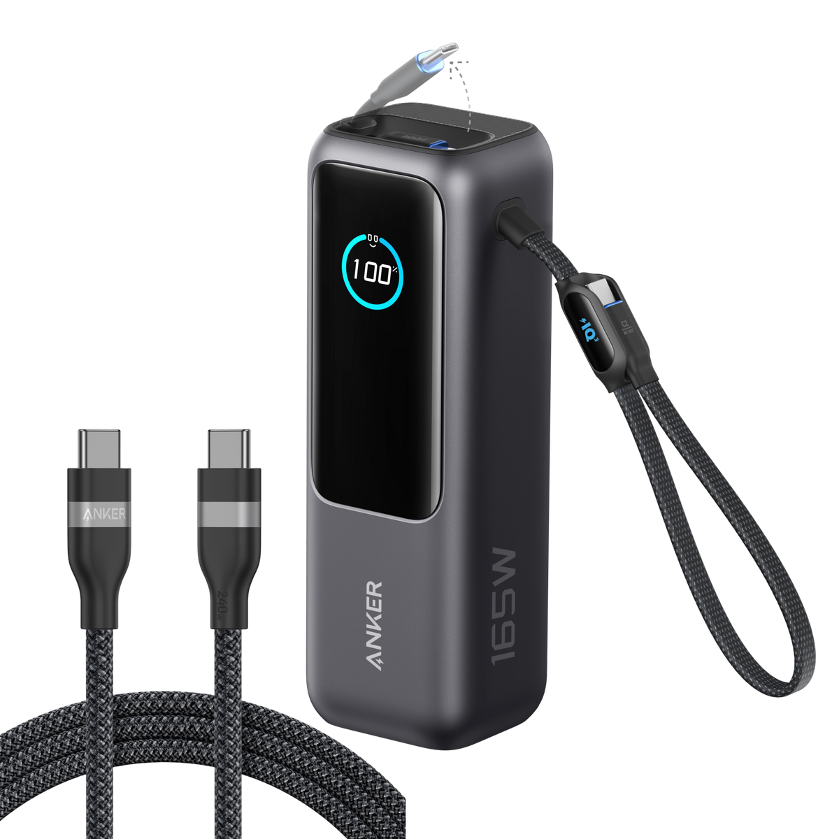 Anker 25K laptop power bank with 165W output, built-in retractable cables, portable rechargeable battery for laptops and devices