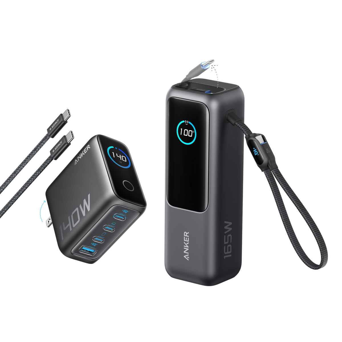 Anker 25K 165W laptop power bank with built-in and retractable cables, portable USB-C external battery for charging laptops